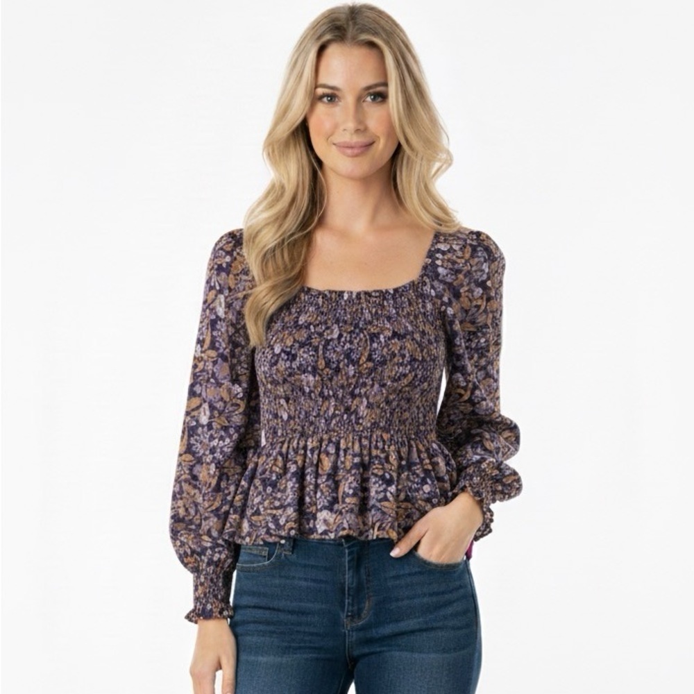 Universal thread purple floral boho smocked top size large